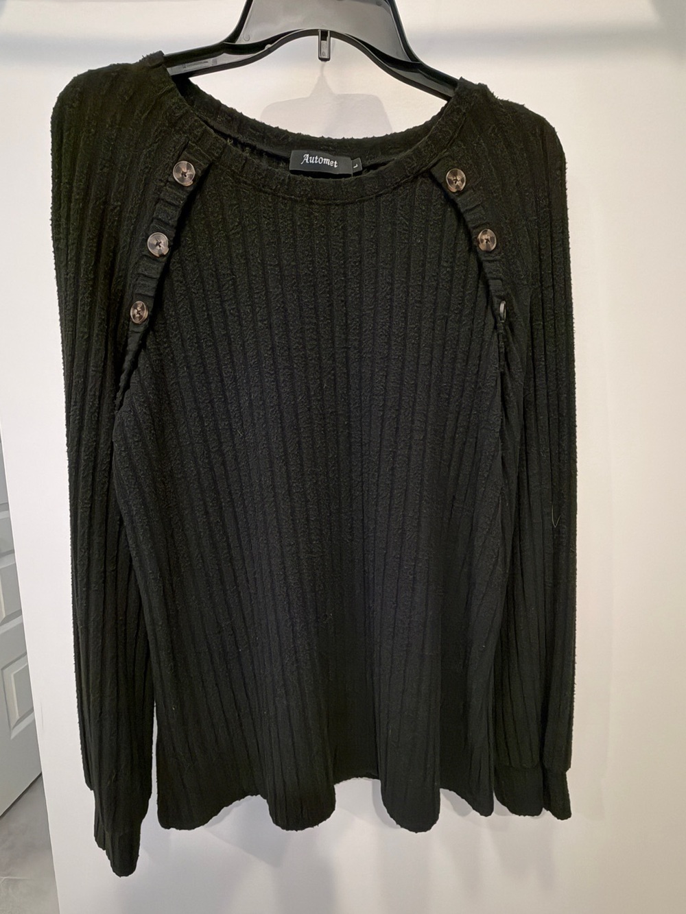 Ribbed Button-Detail Black Sweater